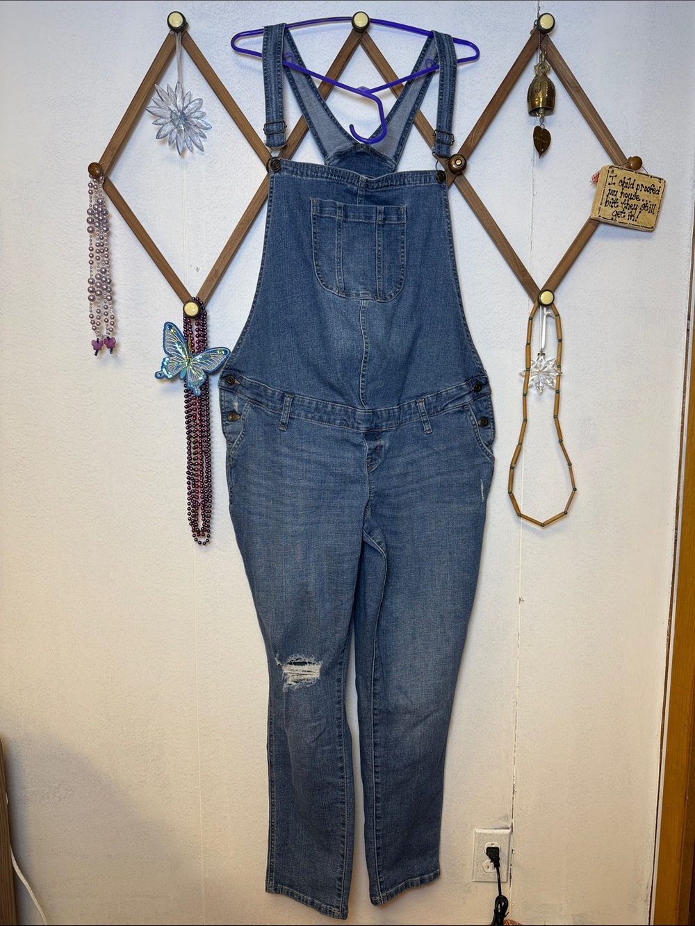 Sonoma Maternity Classic Blue Denim Overalls with Knee Distress